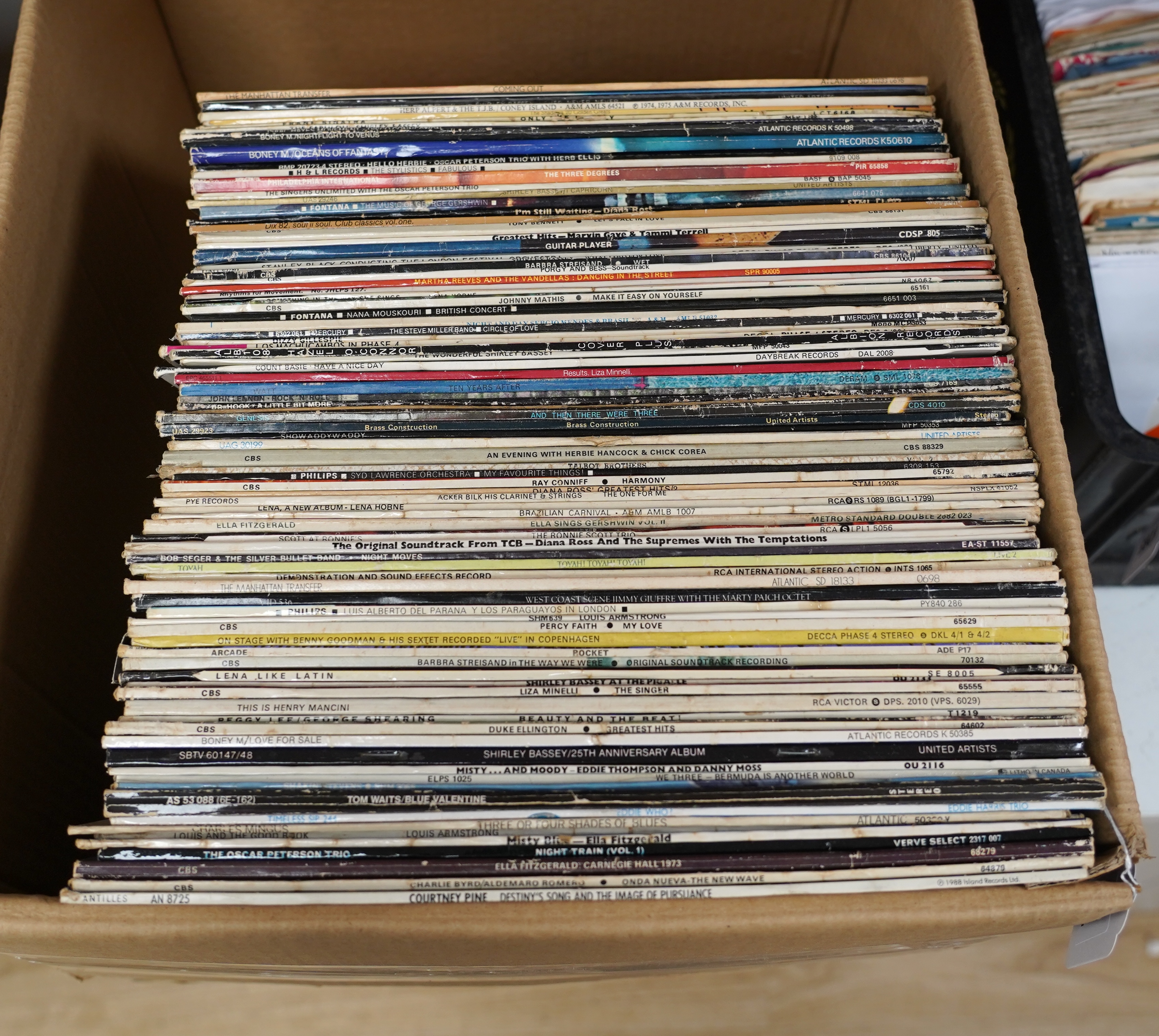 Eighty-two LP record albums including a number of jazz albums, artists include; Courtney Pine, Charlie Mingus, Shirley Bassey, the shadows, Boney M., Charlie Byrd, Oscar Peterson, Diana Ross, Ella Fitzgerald, Steve Mille